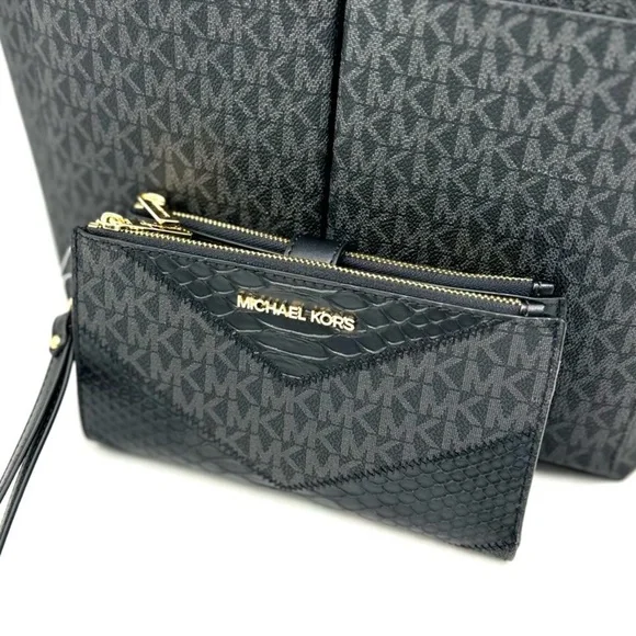 Michael Kors Jet Set Medium Pocket Tote Bag & Double Zip Wallet Black Multi